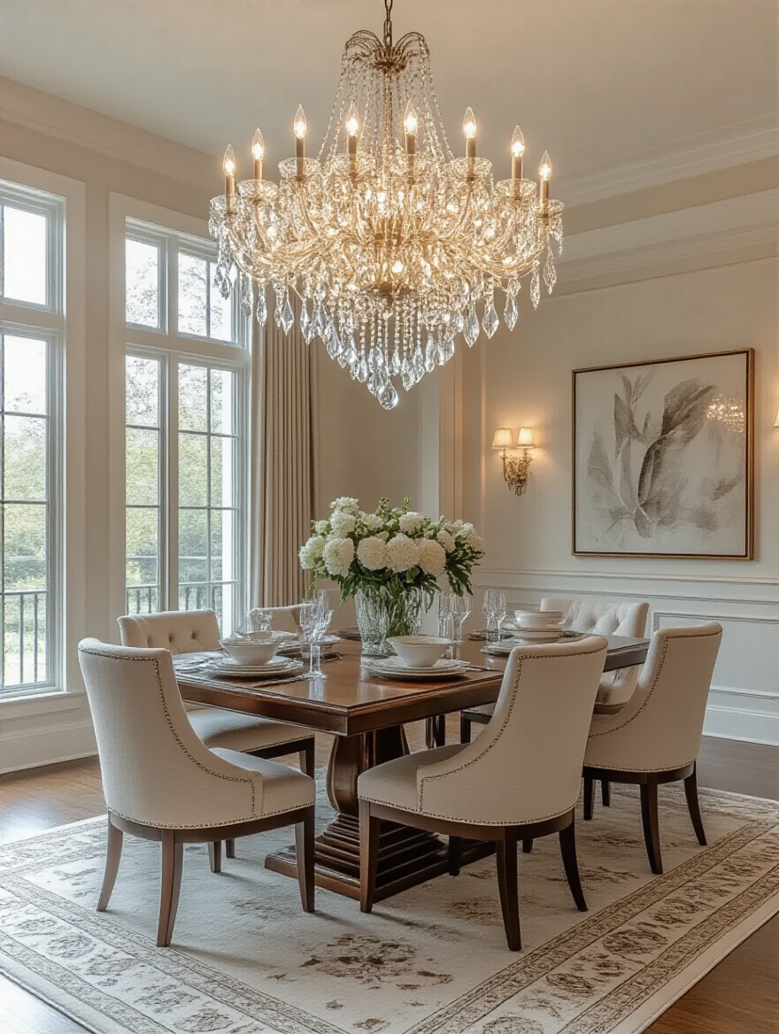 Luxurious dining room with a statement chandelier over a wooden table