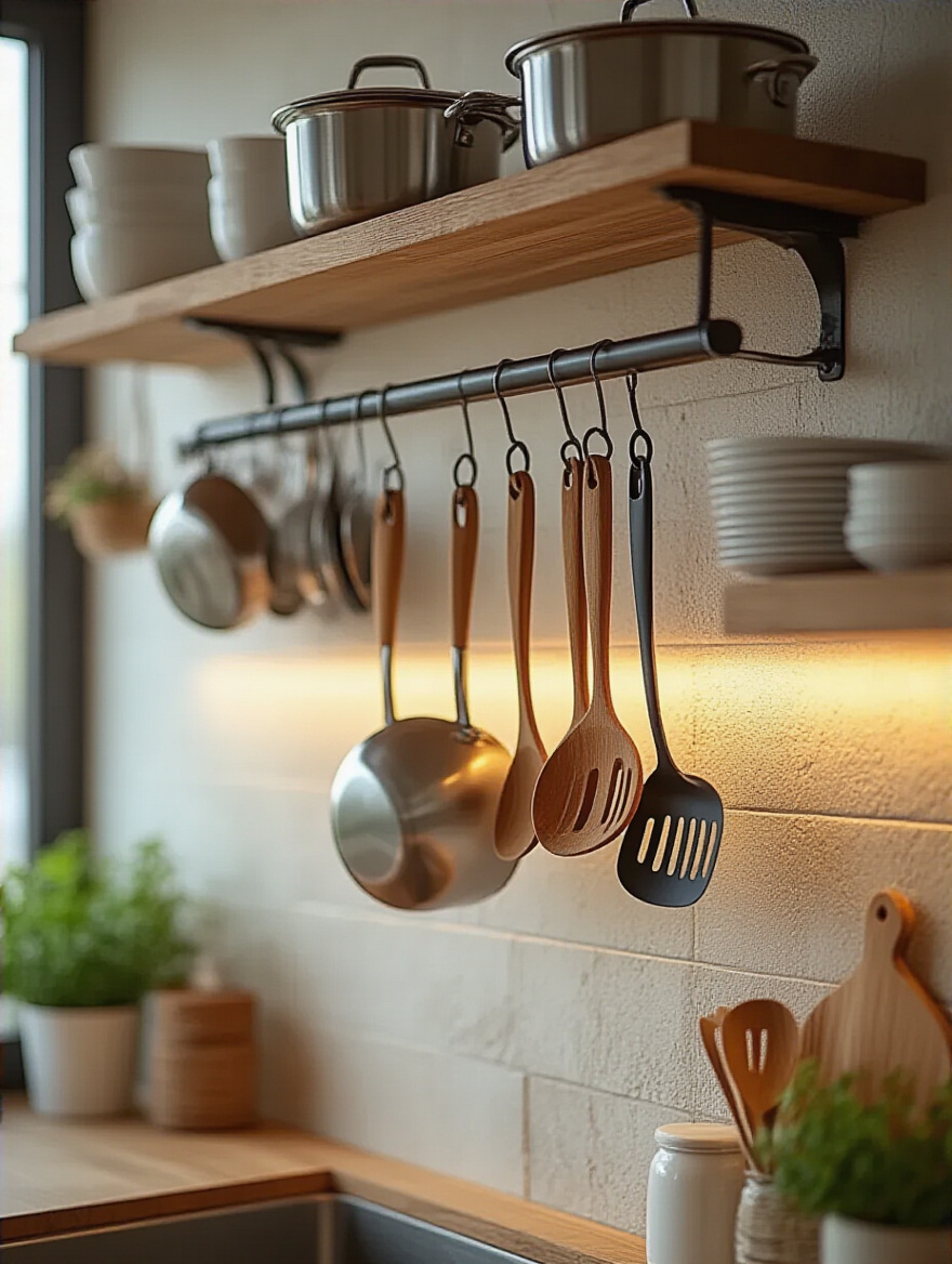 A wall-mounted pot rack displaying utensils in a beautifully organized kitchen.