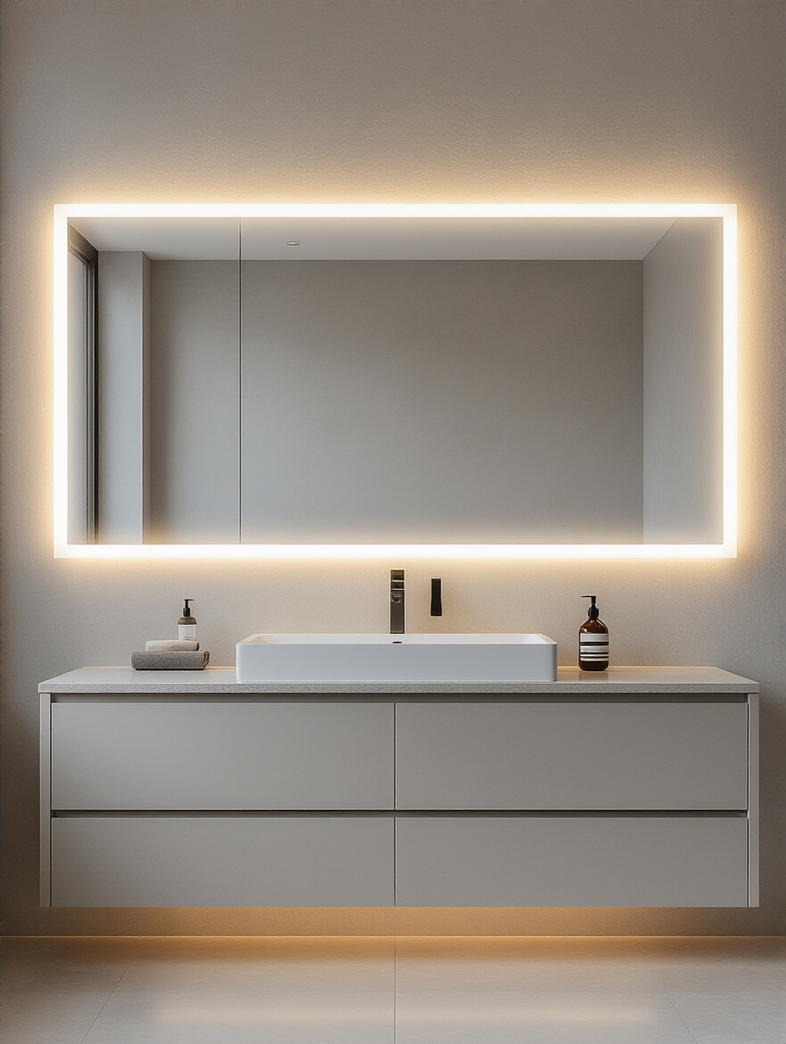 Modern bathroom with large rectangular backlit mirror emitting soft warm white glow above floating vanity