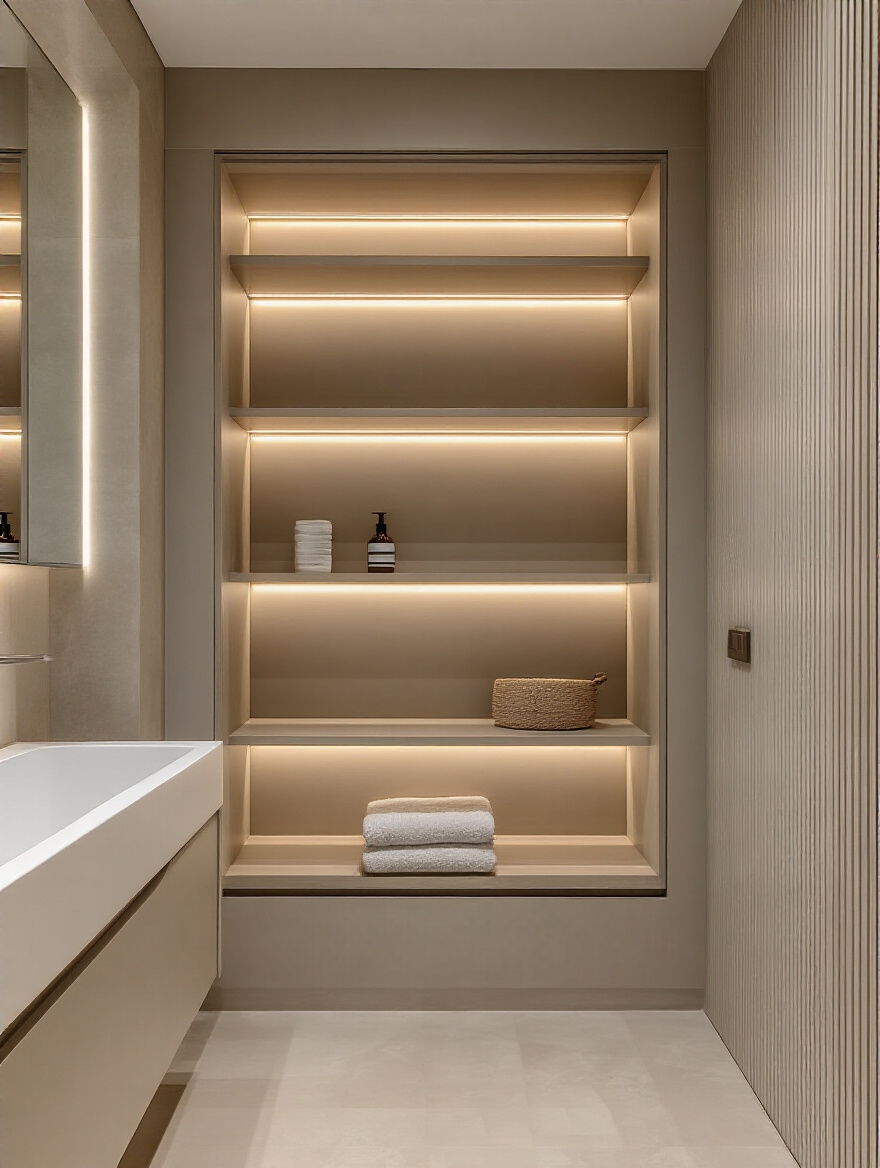 Modern bathroom with built-in recessed shelving featuring concealed storage and ambient lighting