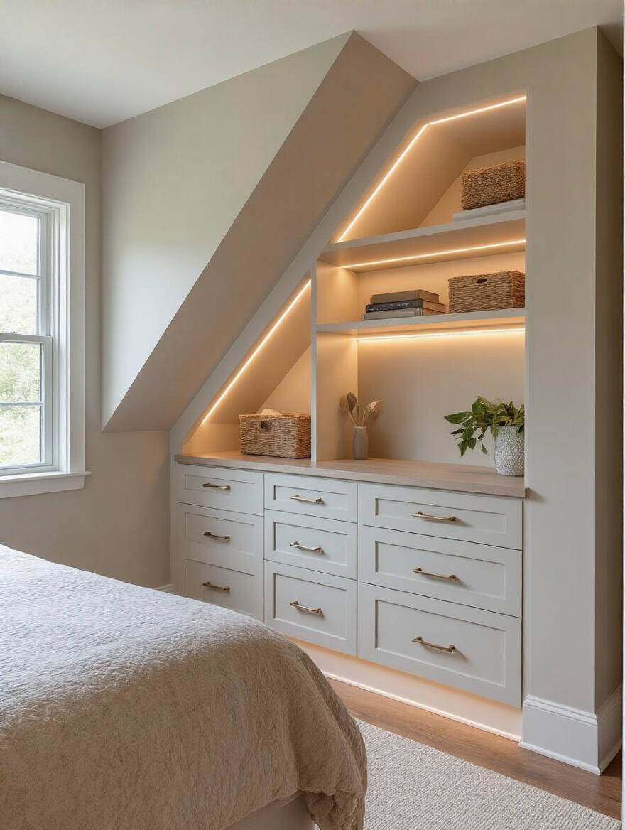 Small bedroom corner with custom built-in shelves and drawers maximizing an awkward nook under a sloped ceiling
