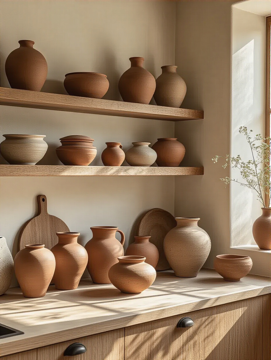 Warm brown kitchen corner featuring earthy clay pots and ceramics arranged on wooden shelves and island with natural lighting