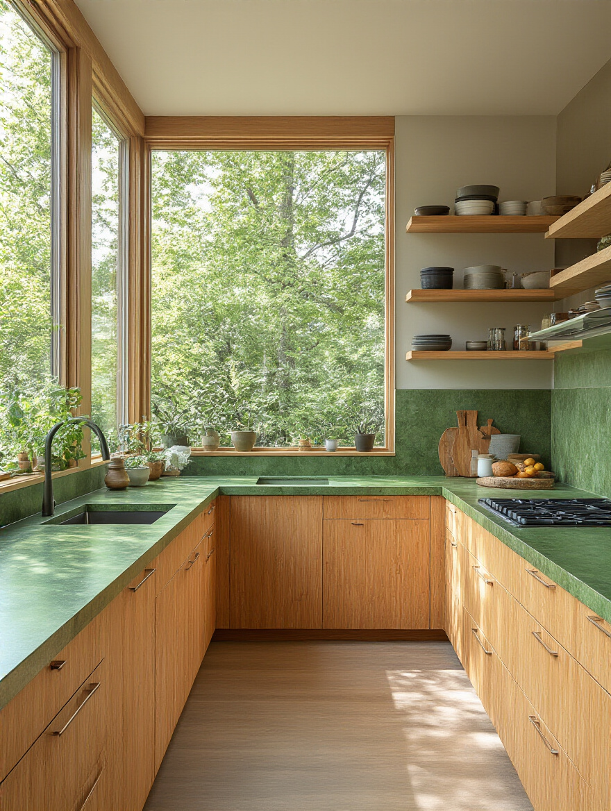 Portrait image of a modern organic kitchen with green sustainable countertops complementing natural wood cabinets under warm natural lighting