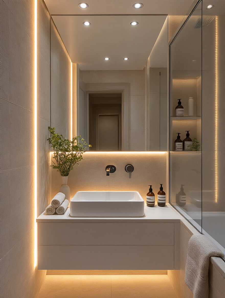 Modern bathroom with LED strips highlighting architectural features