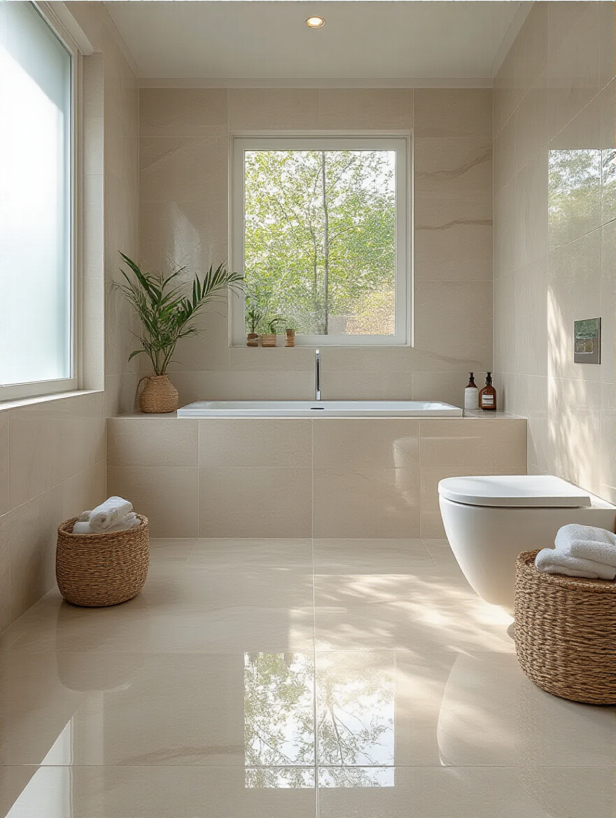 Modern bathroom with large-format tiles creating a seamless and expansive look