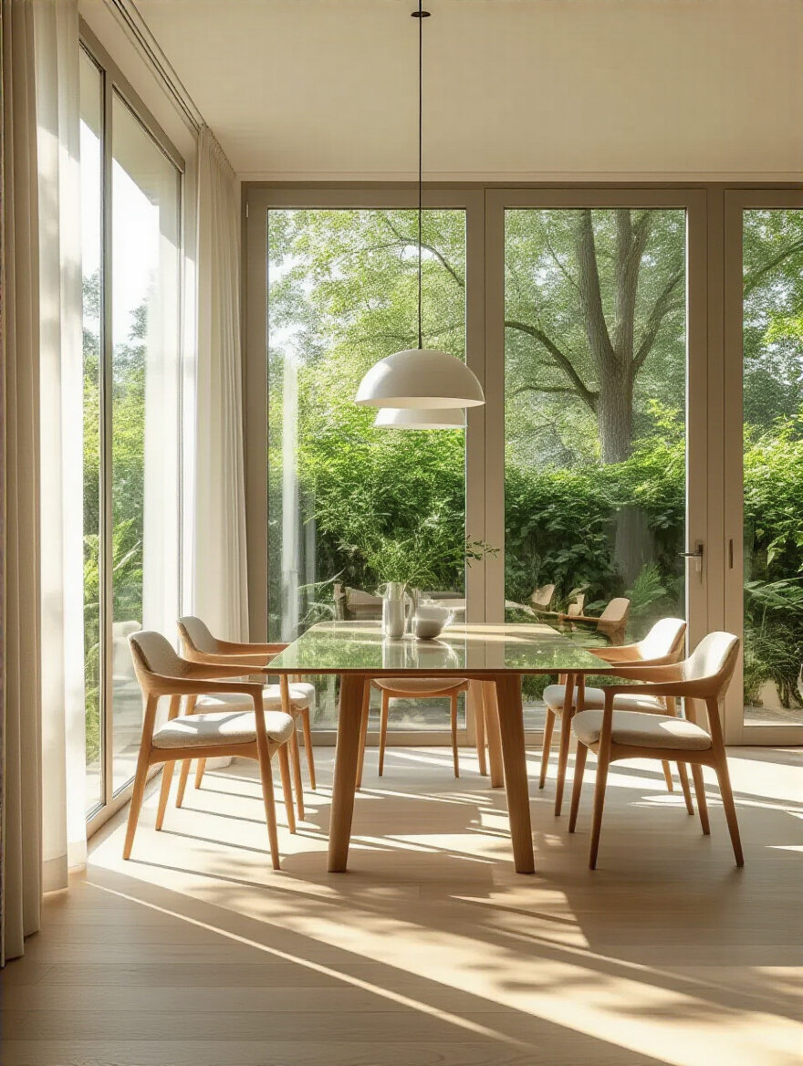 Modern dining room with large floor-to-ceiling windows allowing abundant natural light and outdoor views
