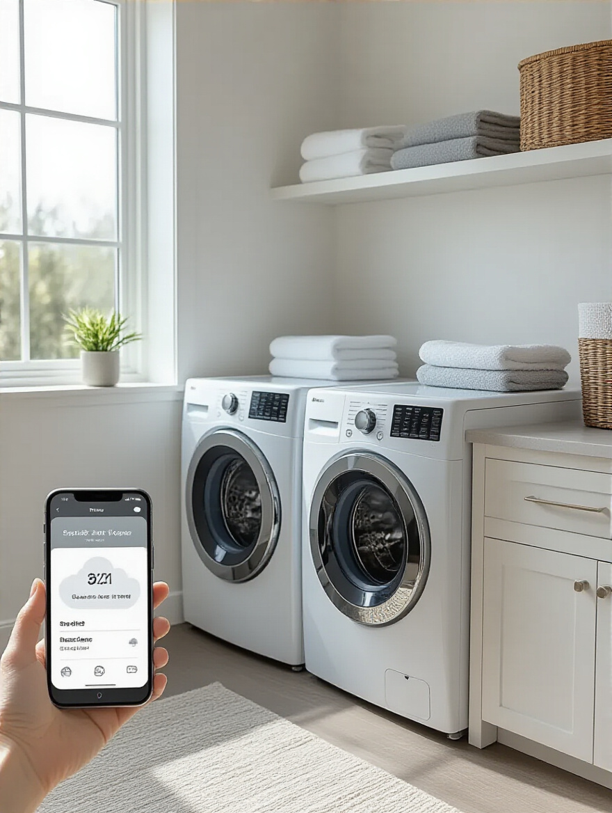 Modern laundry room with smart appliances and smartphone app integration