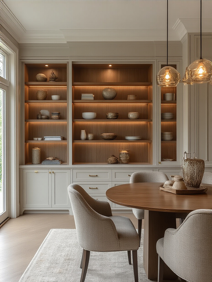 Elegant dining room with smart storage solutions including a buffet and built-in cabinetry.