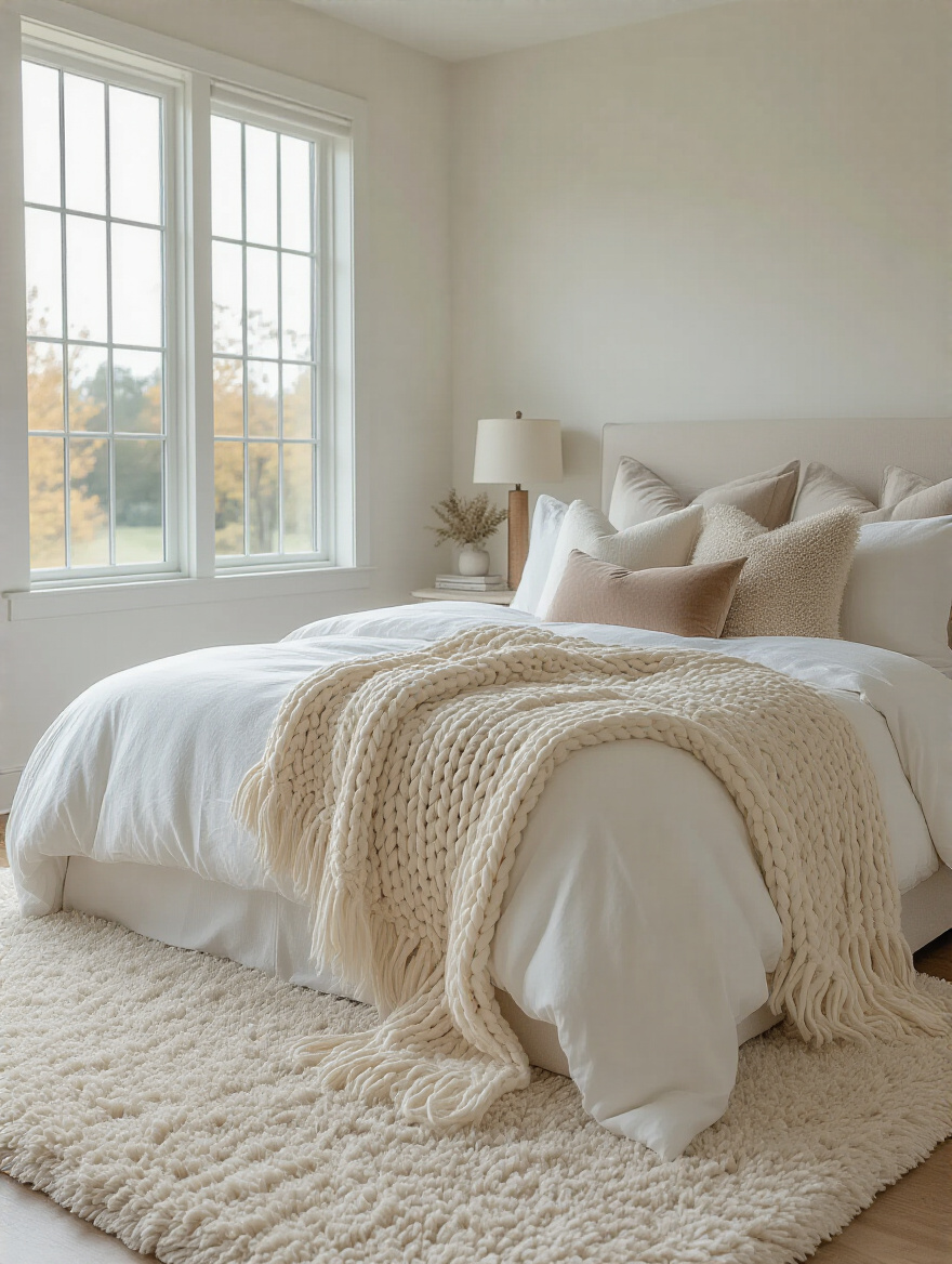 Serene white bedroom with layered textures using throws, rugs, and pillows creating a cozy and inviting space