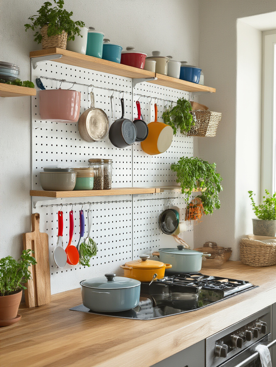 Customizable pegboard system with colorful kitchen tools and herbs on a kitchen wall