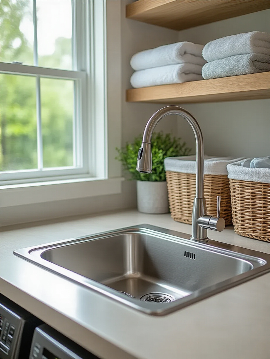 Modern laundry room with a dedicated utility sink and organized countertop