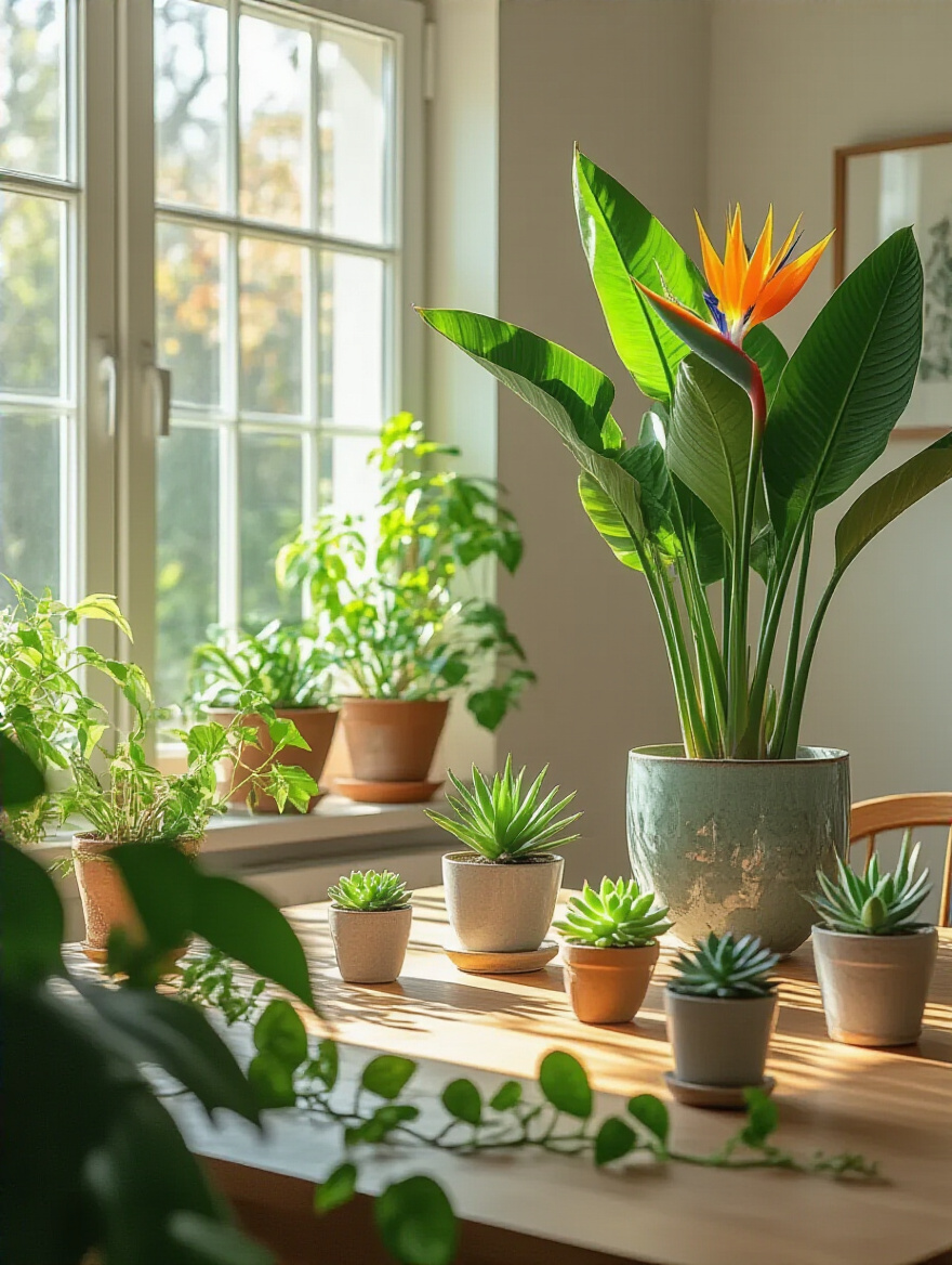 Dining room with various plants enhancing the natural ambiance