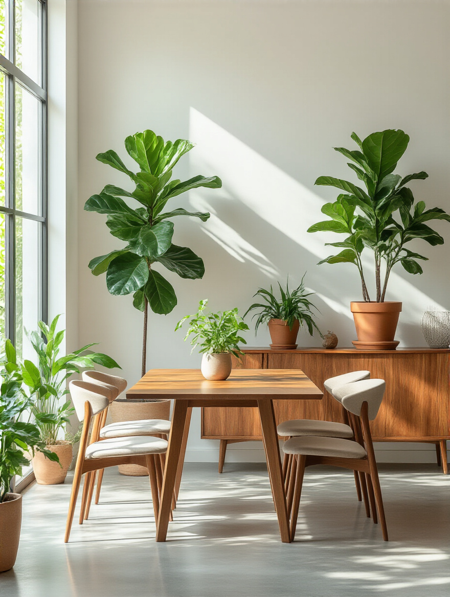 Modern dining room with walnut wood table and lush green plants softening edges and adding natural warmth