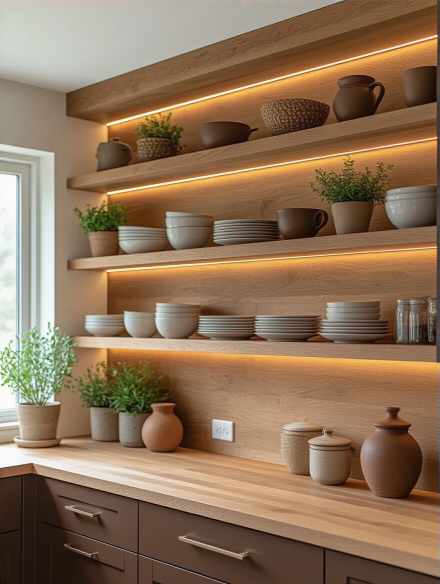 Warm brown kitchen with natural wood open shelving displaying curated dishware and plants, illuminated by soft under-shelf lighting.