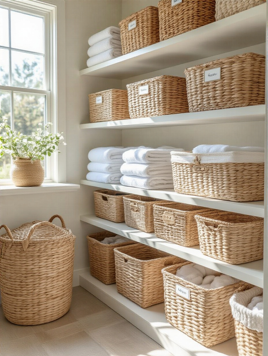 Organized laundry room with stylish storage baskets