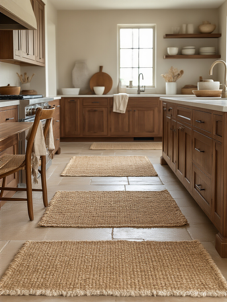 Warm brown kitchen with textured rugs and linens in various tonal browns, showcasing layered textiles on floor and counters, no people