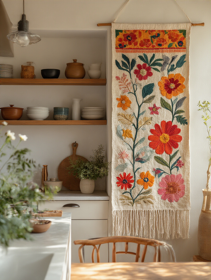 A vibrant textile wall hanging displayed in a cozy kitchen setting, enhancing warmth and softness.
