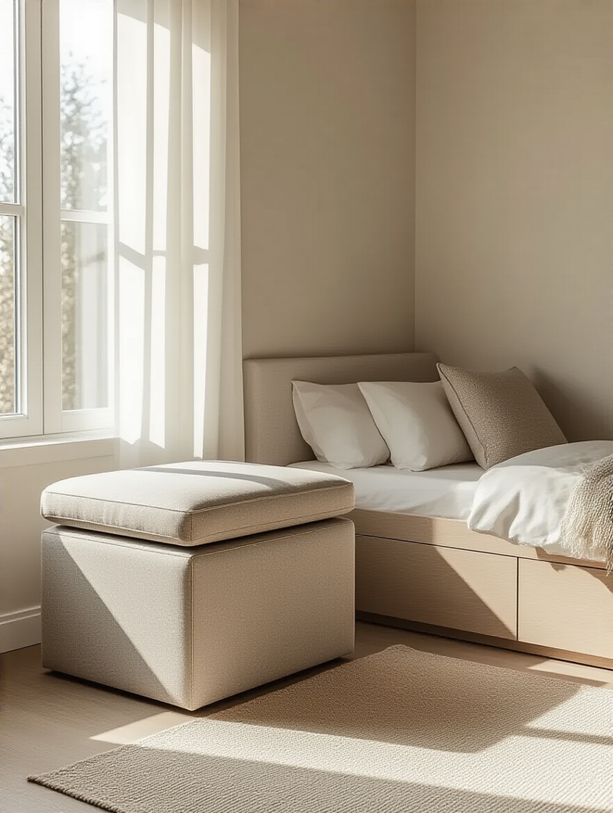 Small bedroom featuring a modern multi-functional storage ottoman with cushioned seating under natural light