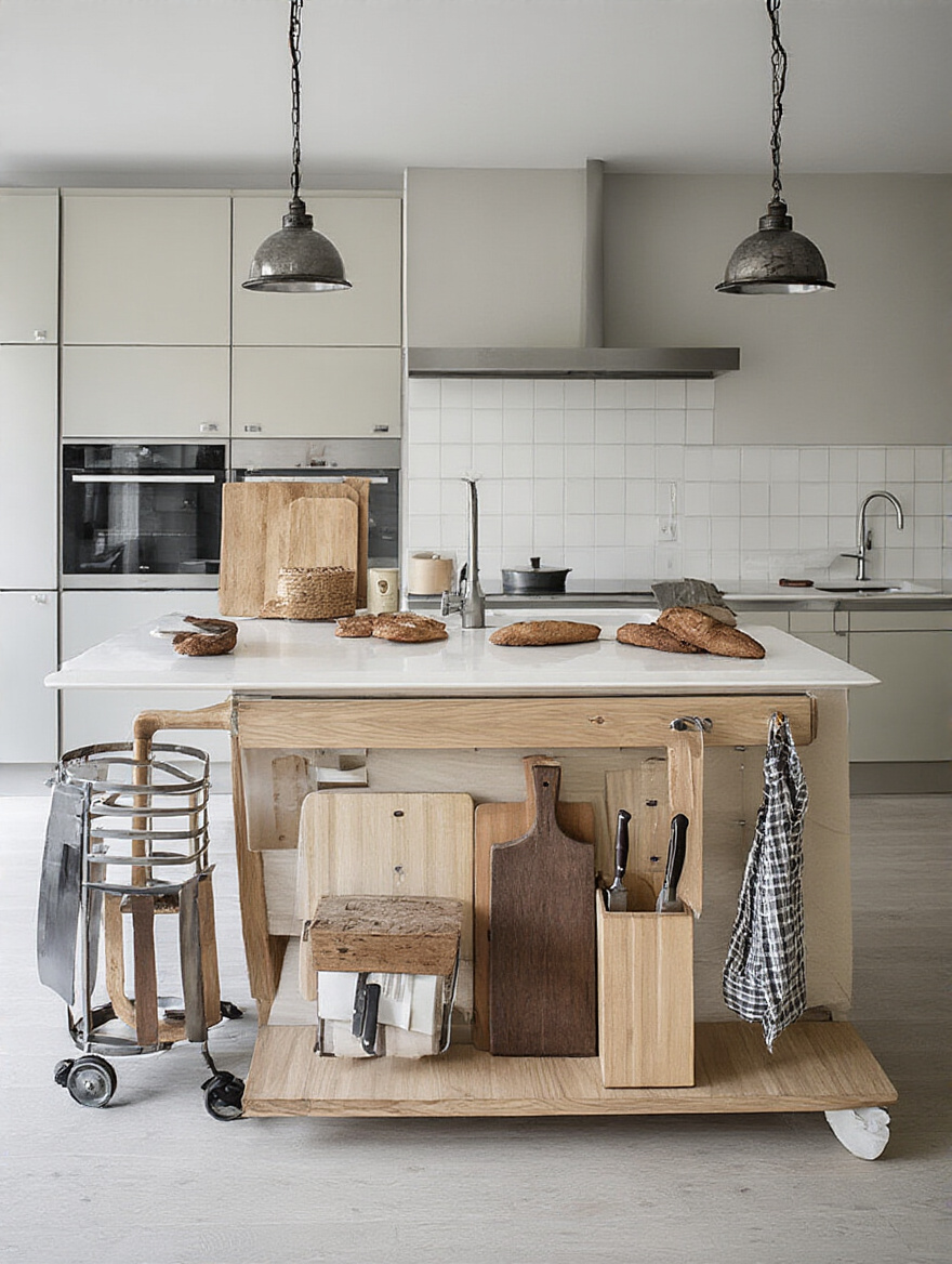 Kitchen island with chopping boards and a knife block