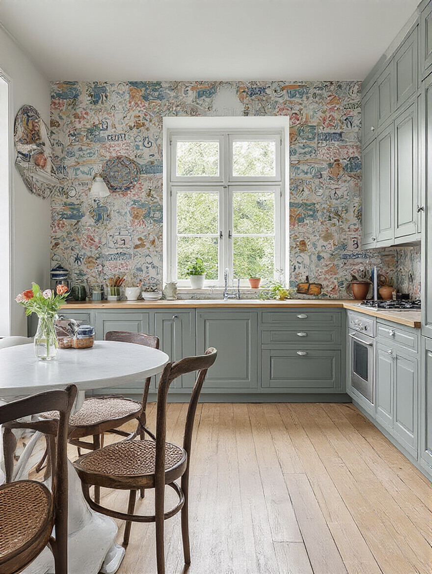 Kitchen with eclectic wallpaper
