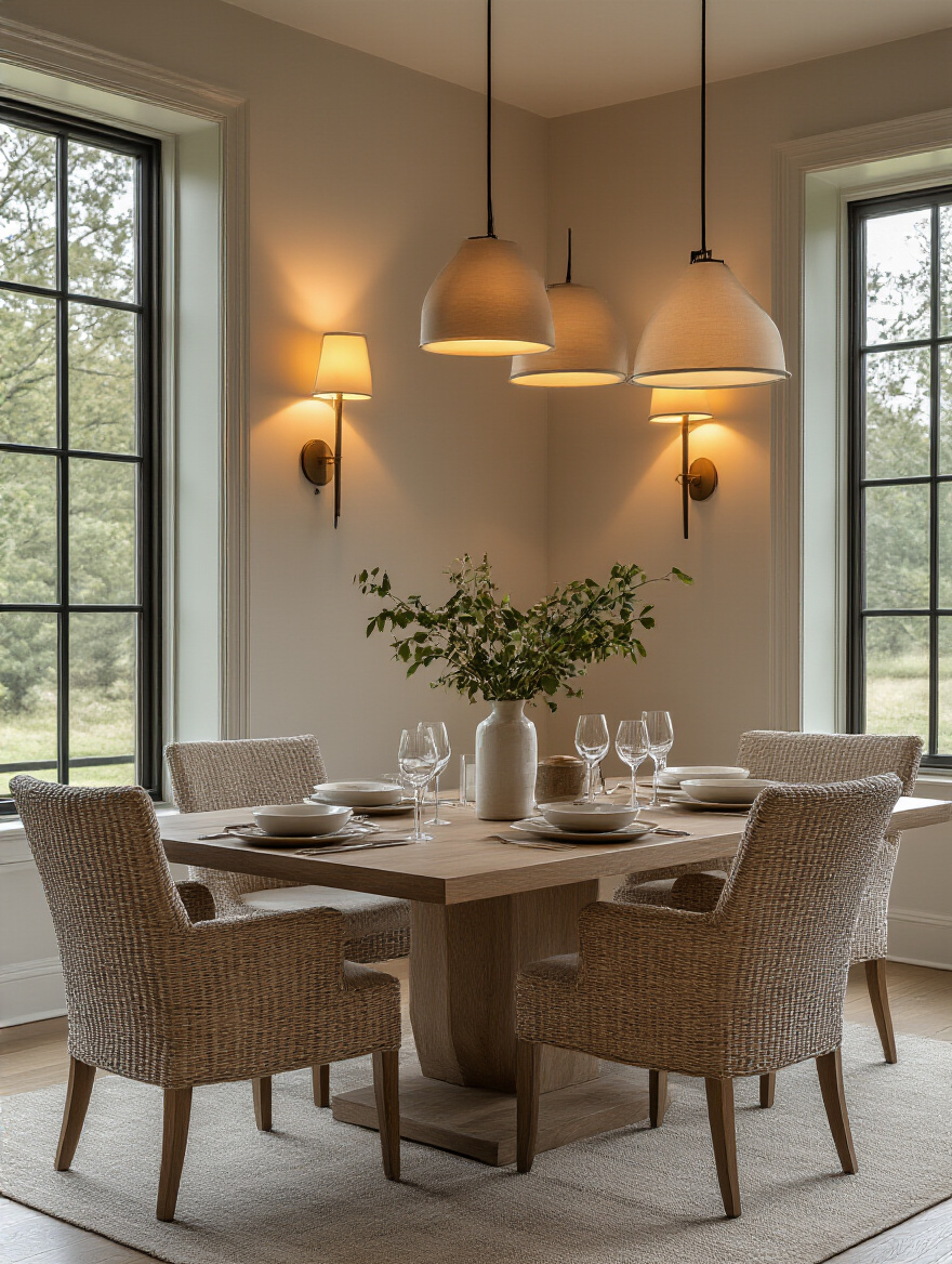 Elegant dining room with layered lighting from wall sconces and floor lamps