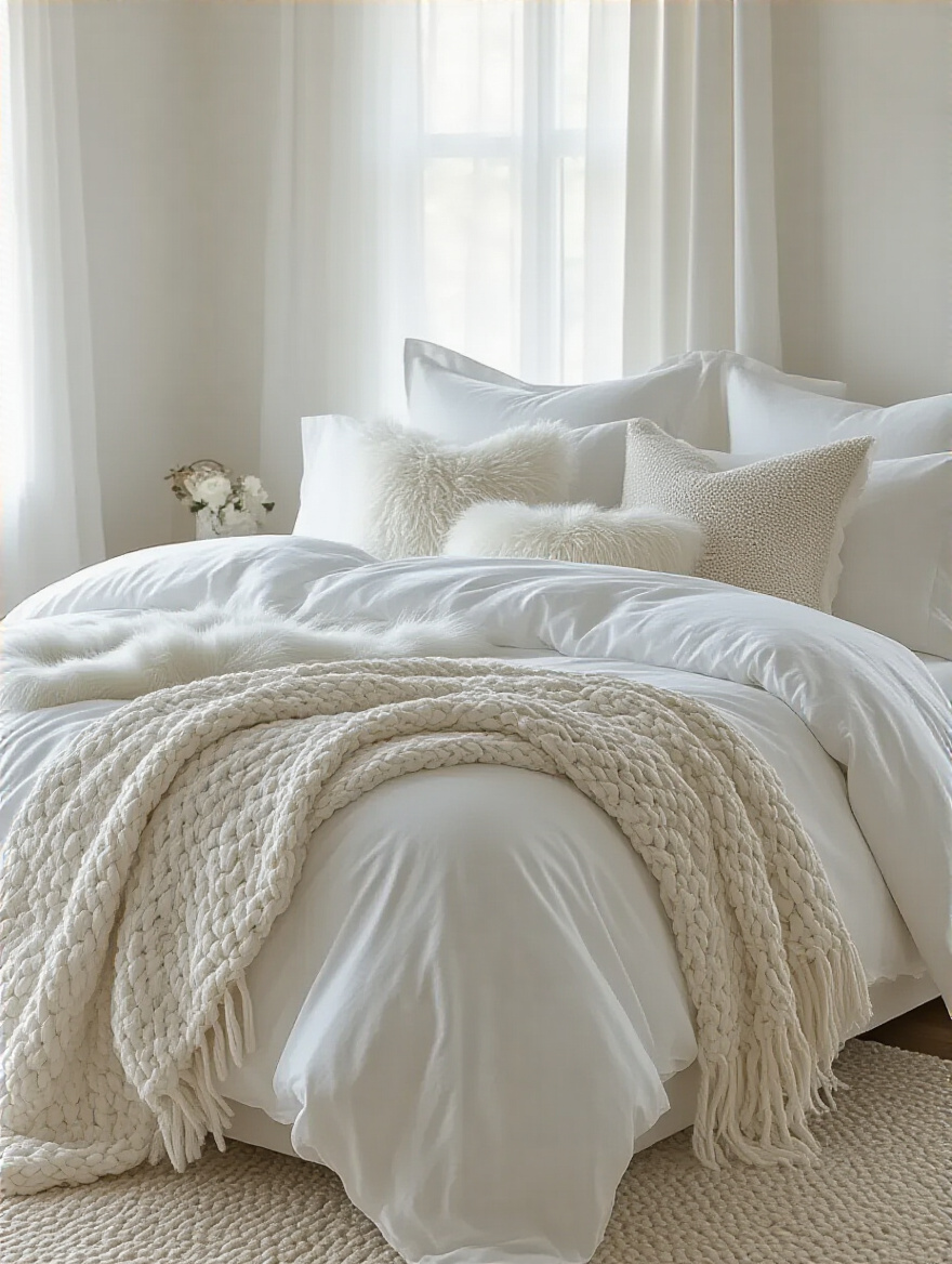 Luxurious white bedding layered with various textures and fabrics on a serene bedroom bed, showcasing ultimate comfort and style