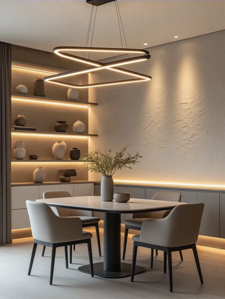Modern dining room with layered lighting including LED chandelier, recessed accent lights, and under-cabinet LED strips highlighting textured walls and ceramics
