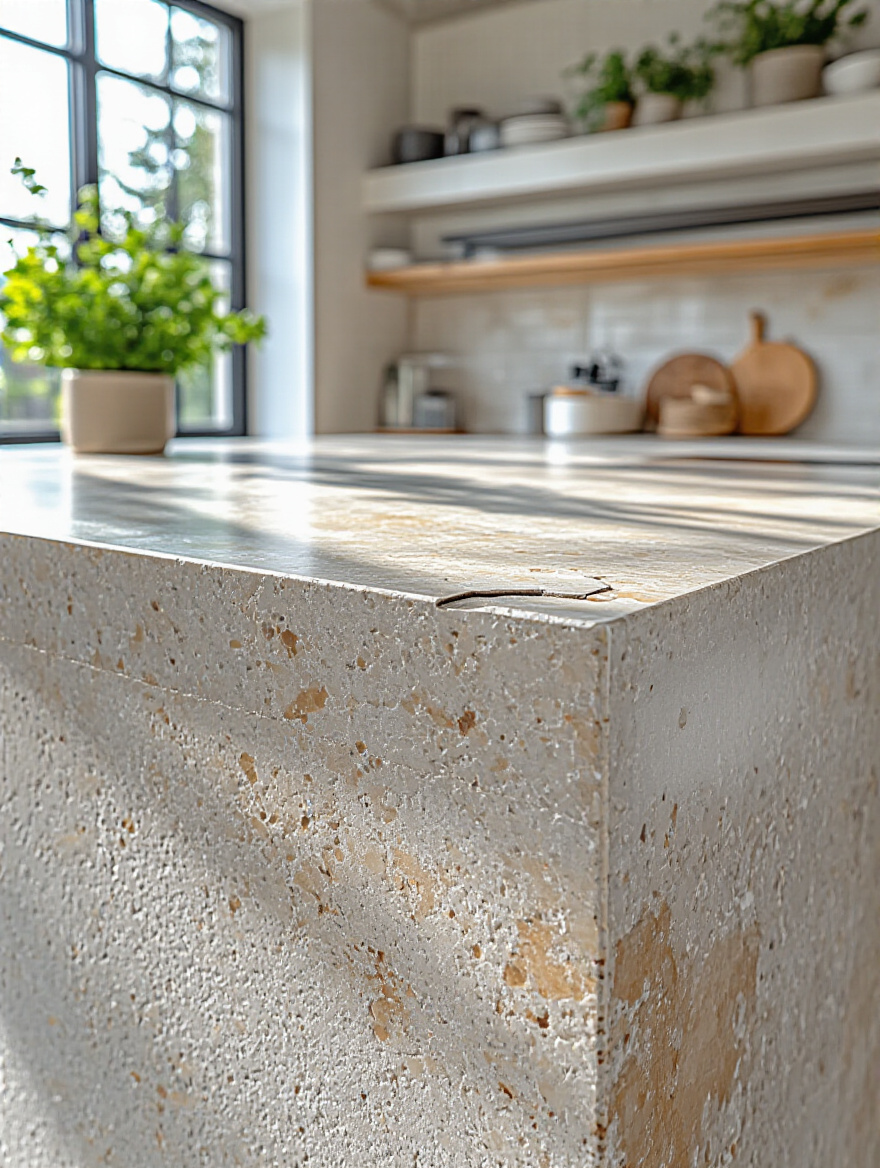 Close-up of a quartz kitchen island countertop with a flawlessly repaired small chip and scratch under natural soft lighting