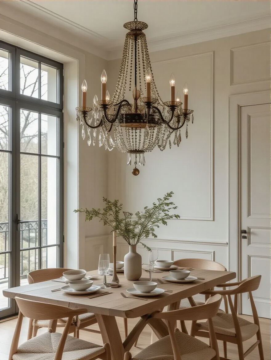 Eclectic dining room chandelier mixing rococo and modern styles with brass accents over blond wood table