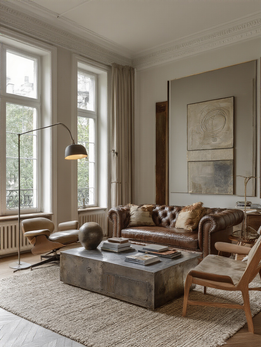 A stylish living room showcasing a mix of complementary furniture styles, including traditional, modern, and industrial elements.