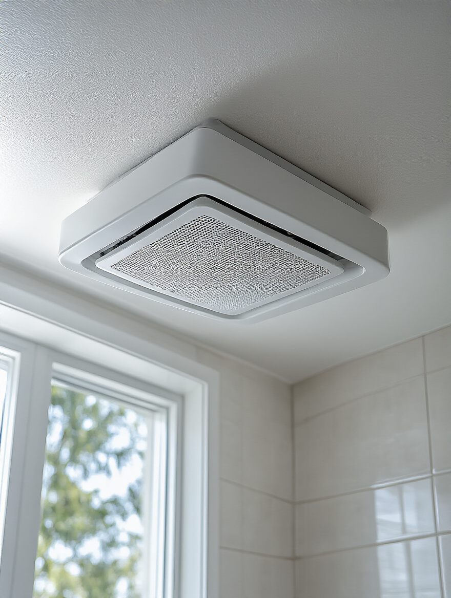 Close-up view of a modern bathroom exhaust fan installed on a white ceiling to ensure proper ventilation and prevent mold growth