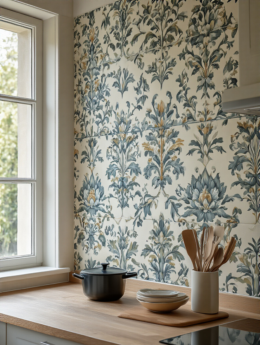 Stylish kitchen backsplash featuring large wallpaper samples in a floral design
