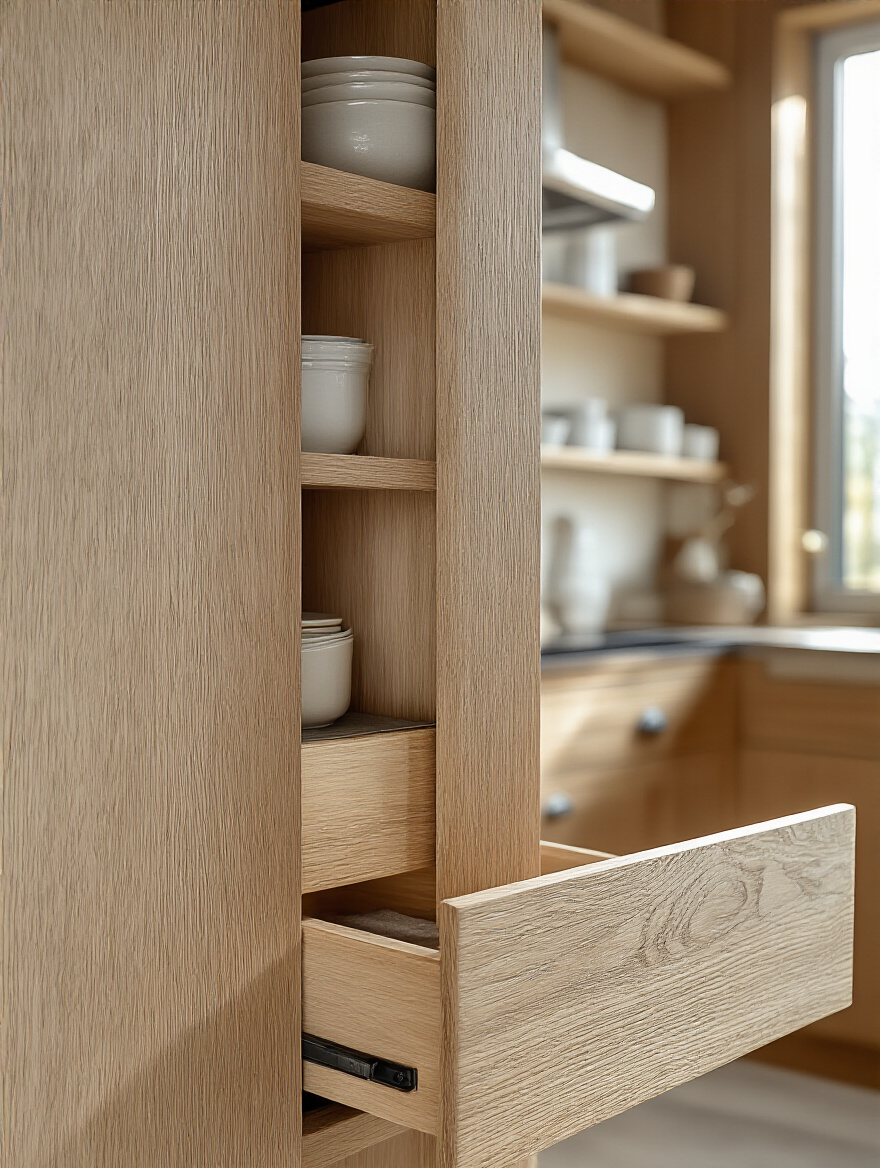 Close-up portrait image of organic kitchen cabinet with natural wood grain and protective oil finish highlighting long-term protection