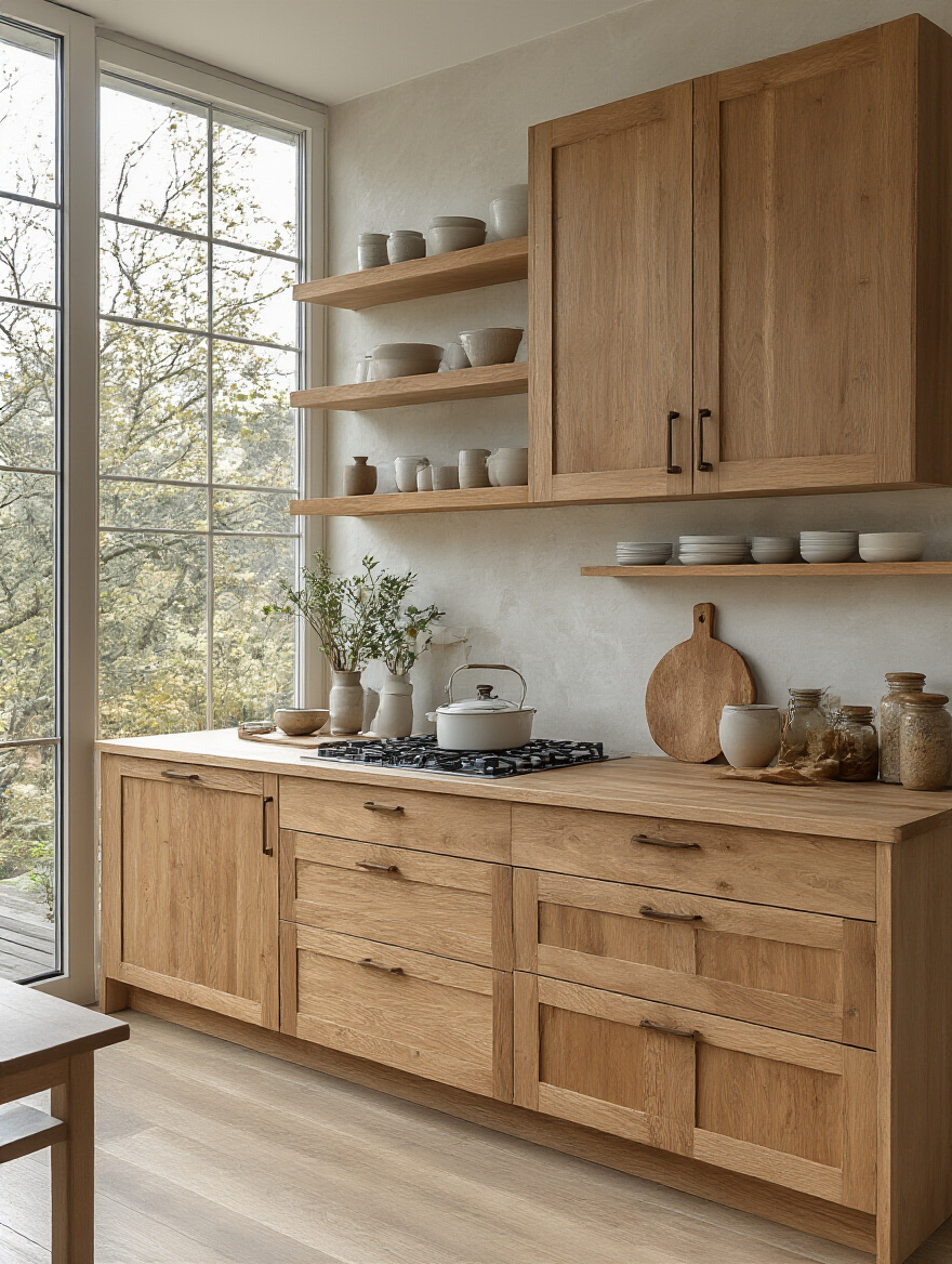 Modern organic kitchen with eco-friendly wooden cabinets showcasing long-term durability and natural finish