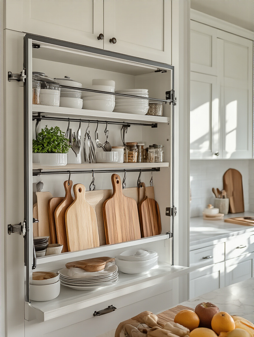 Mounted cabinet door holder for cutting boards and bakeware in a modern kitchen