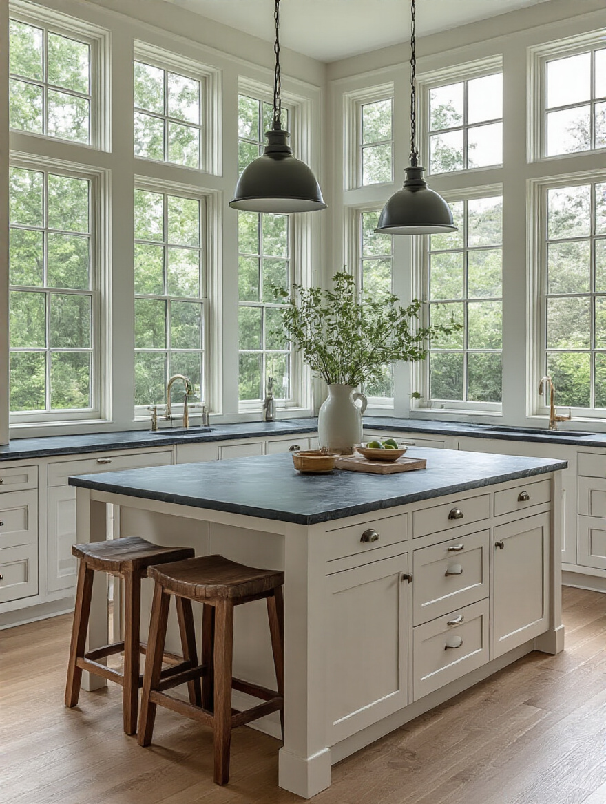 Modern kitchen island with contrasting dark soapstone countertop and white shaker cabinets under natural light