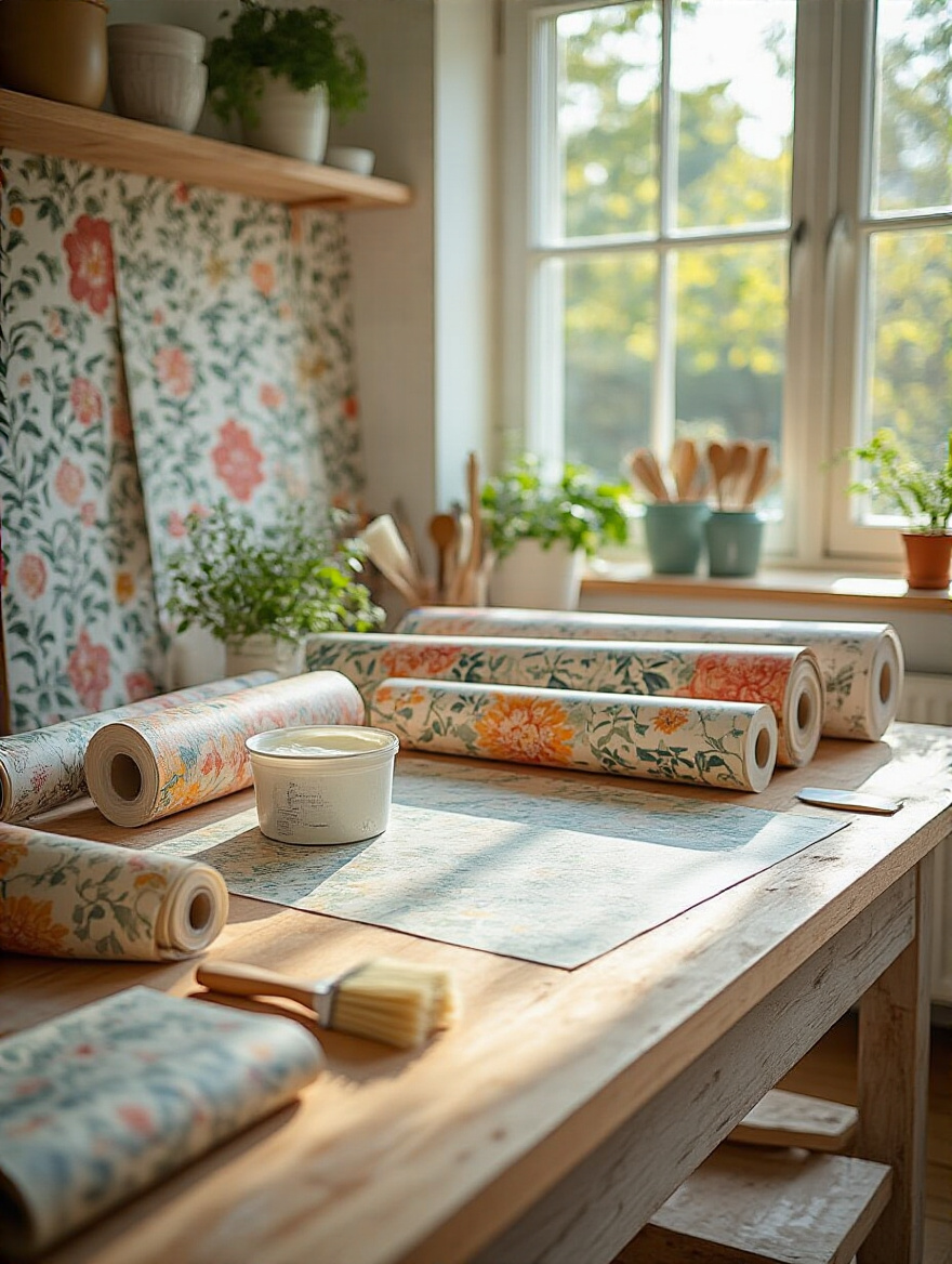 Pasting table with unpasted wallpaper rolls and tools in a bright kitchen