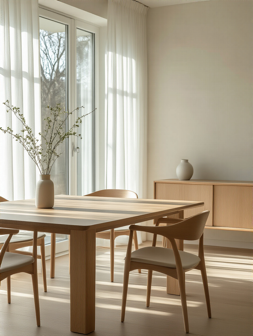 Modern dining room with minimalist design, clean lines, and clutter-free surfaces creating a serene atmosphere