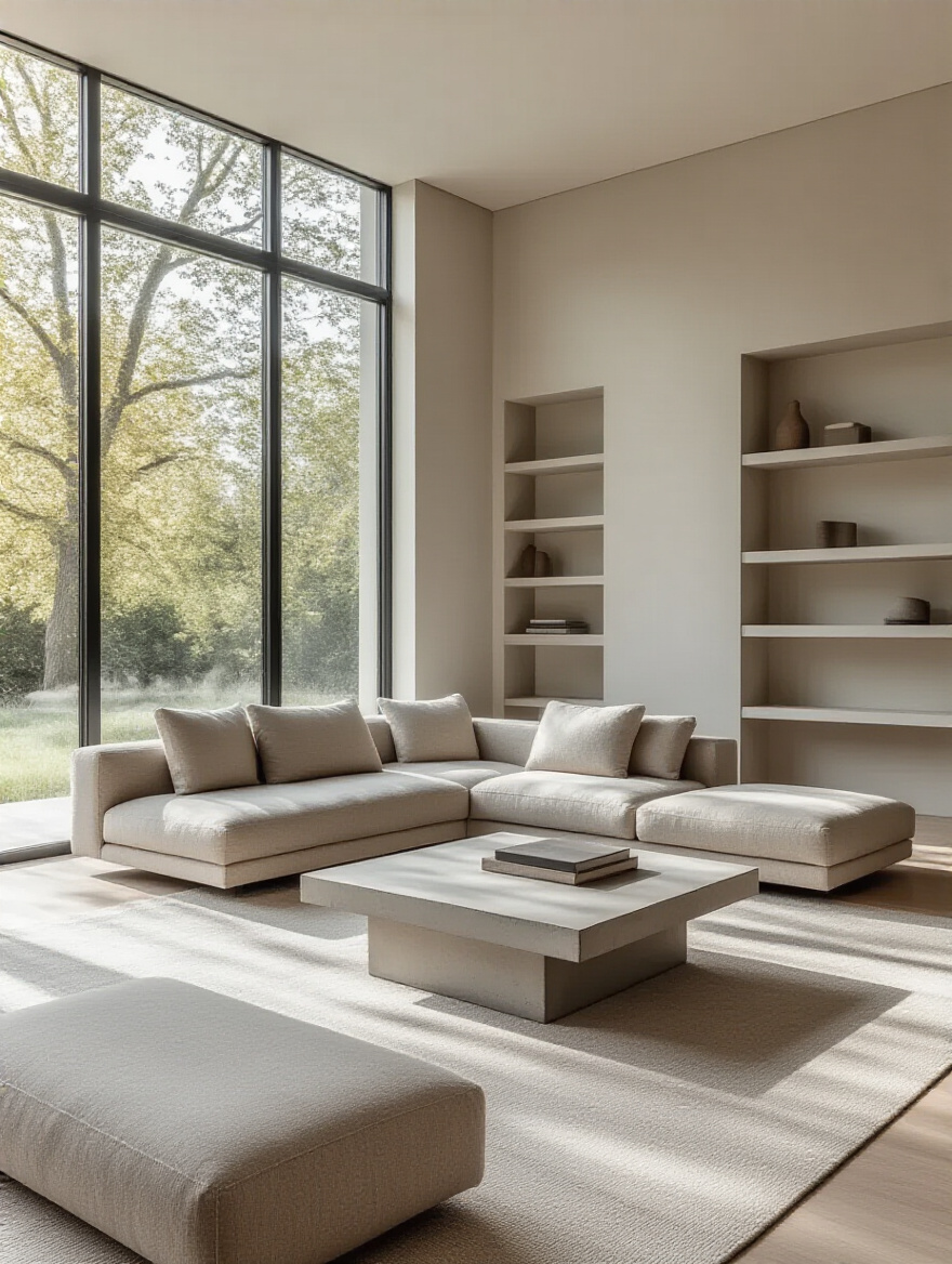 A serene minimalist living room featuring a modular sofa and concrete coffee table.