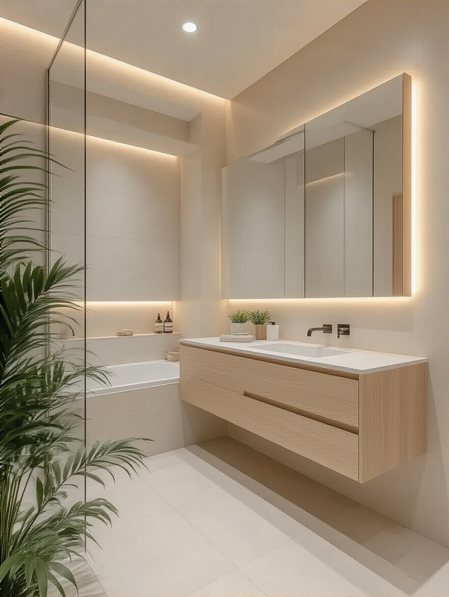 Modern bathroom with a minimalist color palette featuring soft whites, grays, and natural wood accents.