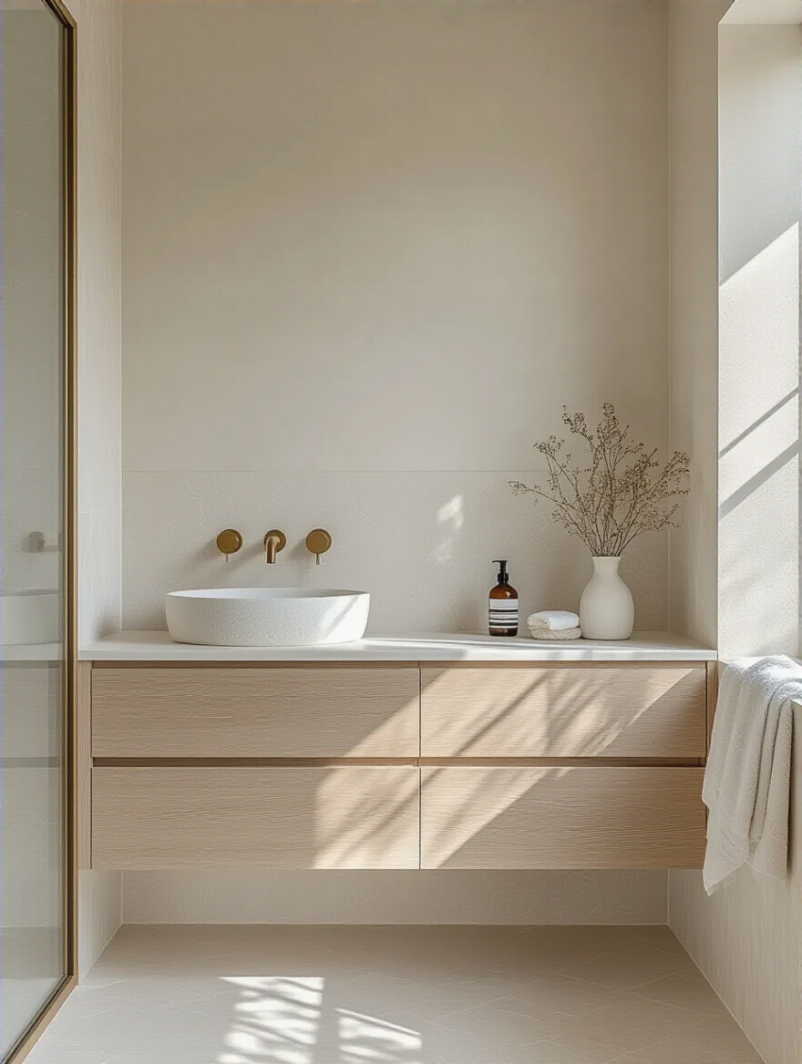 Modern bathroom interior featuring a sophisticated neutral color palette with textured tiles and a floating oak vanity, illuminated by natural light