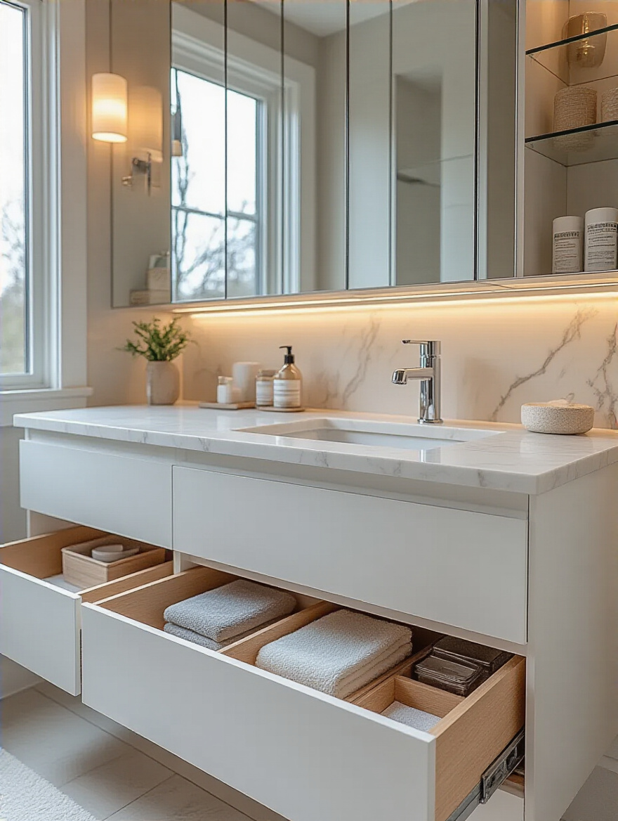 Modern bathroom vanity with integrated smart storage solutions and clean, clutter-free countertop