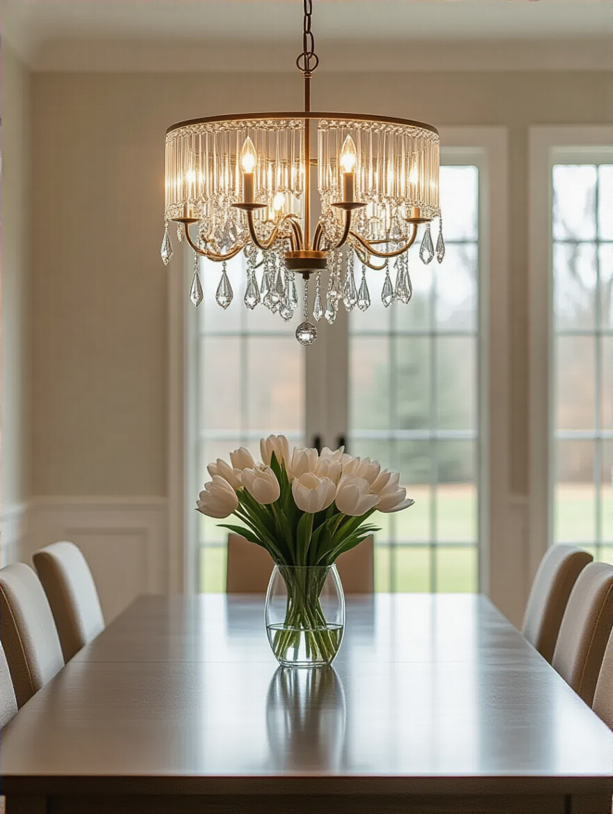 Elegant dining room chandelier hanging at ideal height above table providing optimal light and balanced illumination