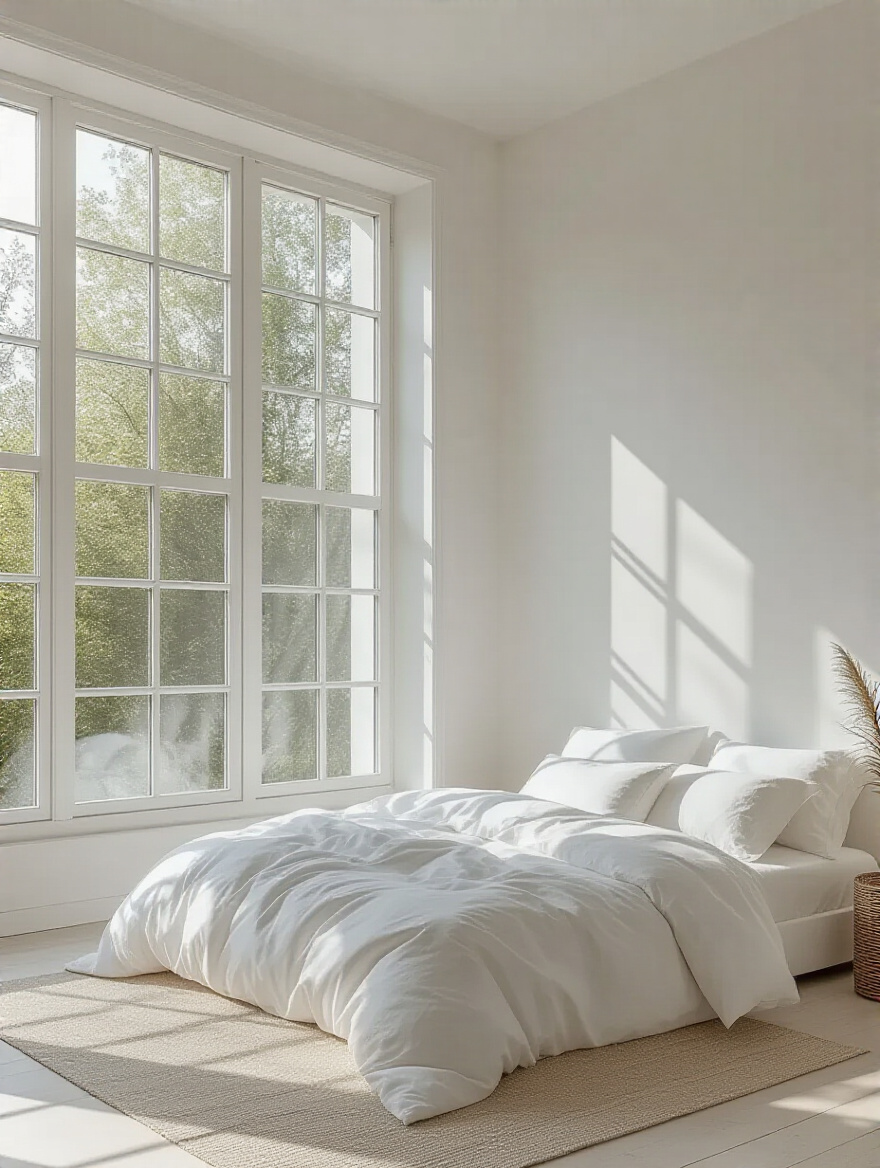 Bright white bedroom with expansive white wall finishes maximizing natural light and creating a spacious serene atmosphere