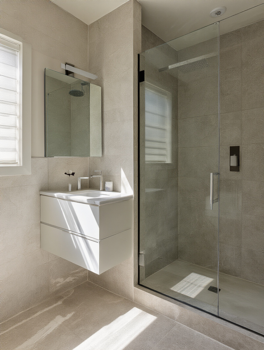 Modern bathroom with intelligent layout features including wall-mounted vanity and curbless walk-in shower.