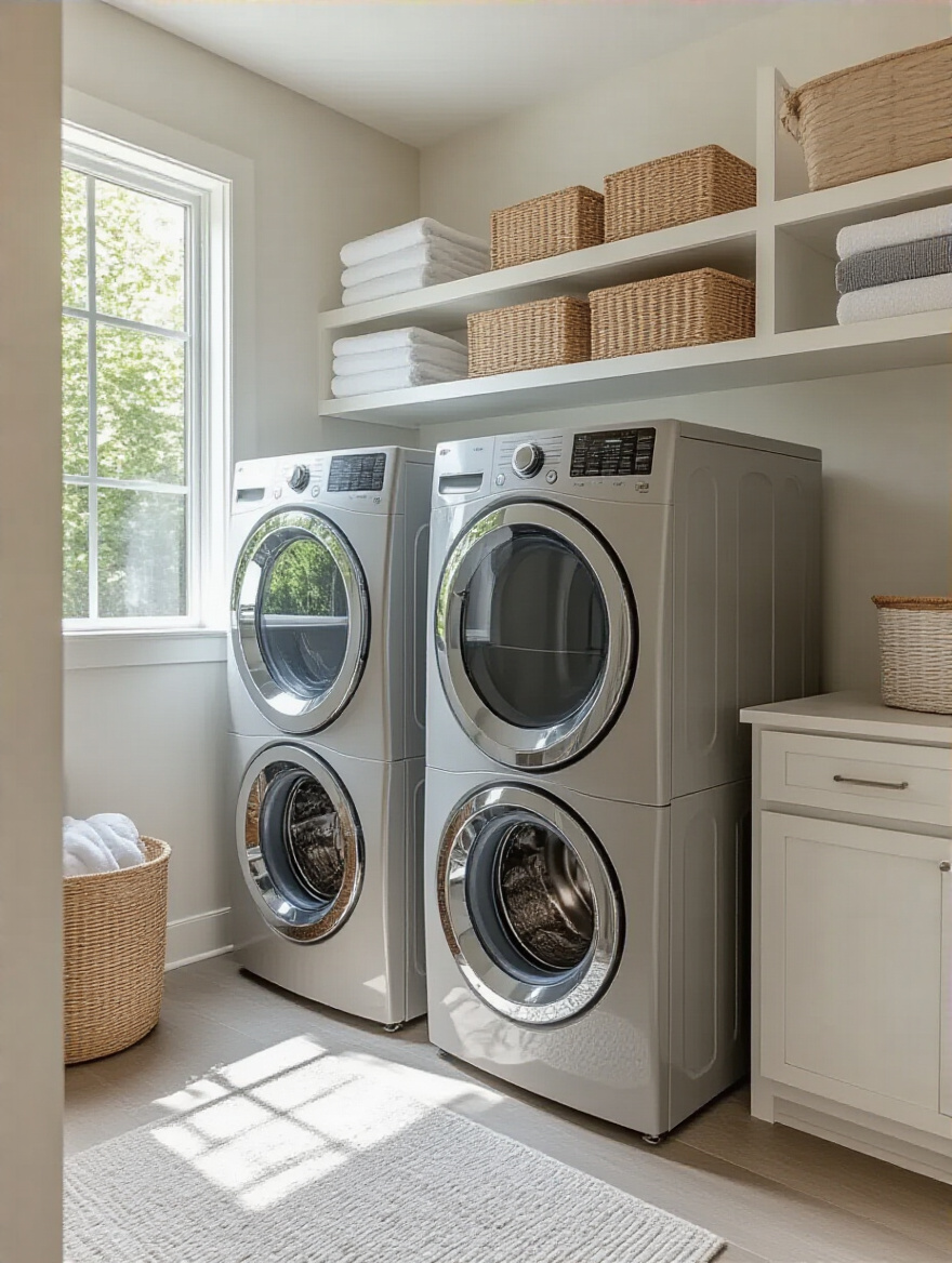 Stacked washer-dryer configuration in a modern laundry room