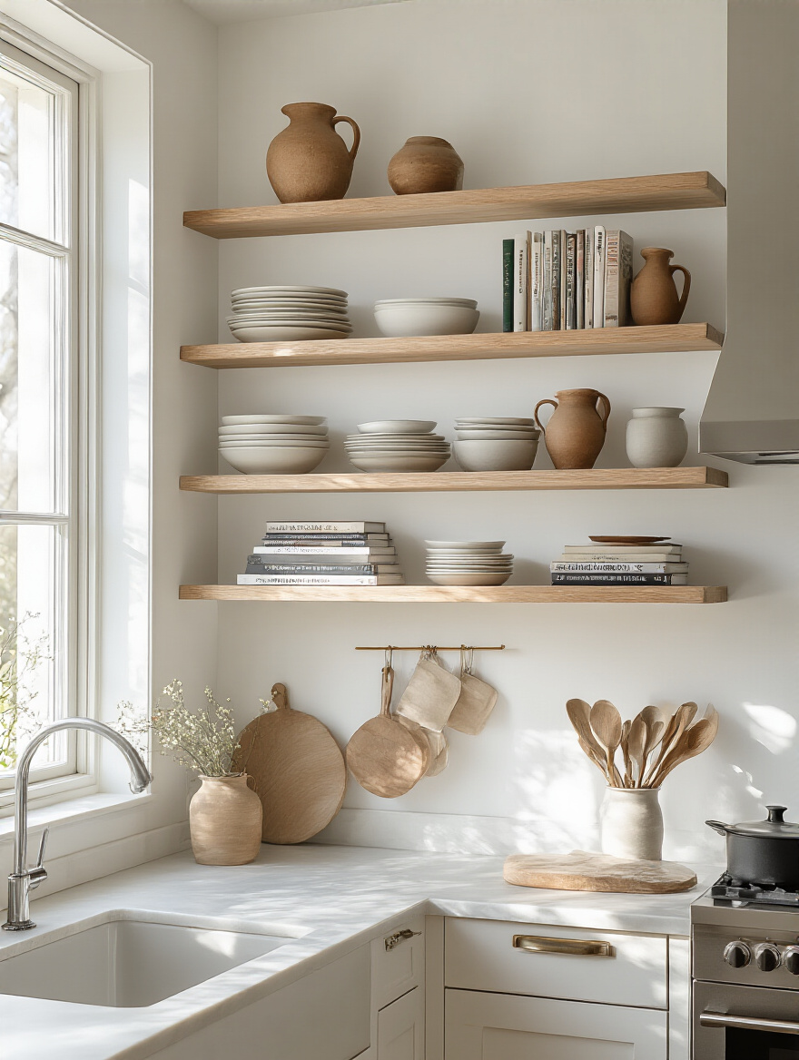 Open floating shelves in a modern kitchen filled with dishware and decor.