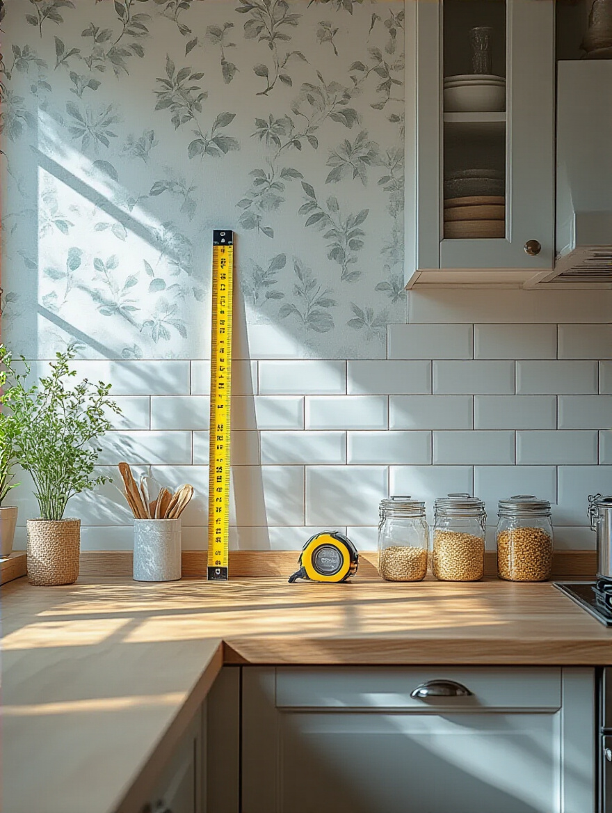A measuring tape against a kitchen wall for wallpapering