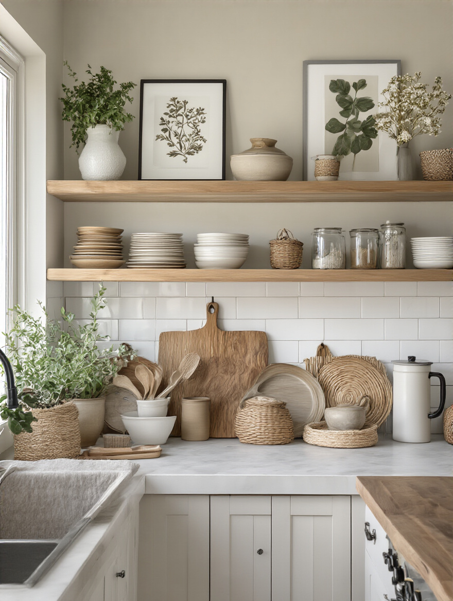Professional photo of a well-decorated kitchen wall showcasing framed art and shelves with balanced decor.
