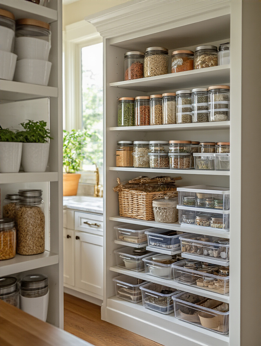 Organized kitchen cabinet with various kitchen organizers arranged neatly